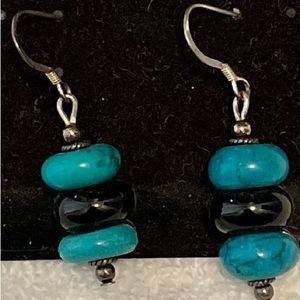 Beaded dangle earrings - aqua & black - for pierced ears